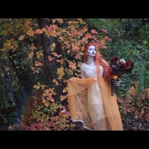 Vintage 1970s sheer lace overdress and underdress orange white size small